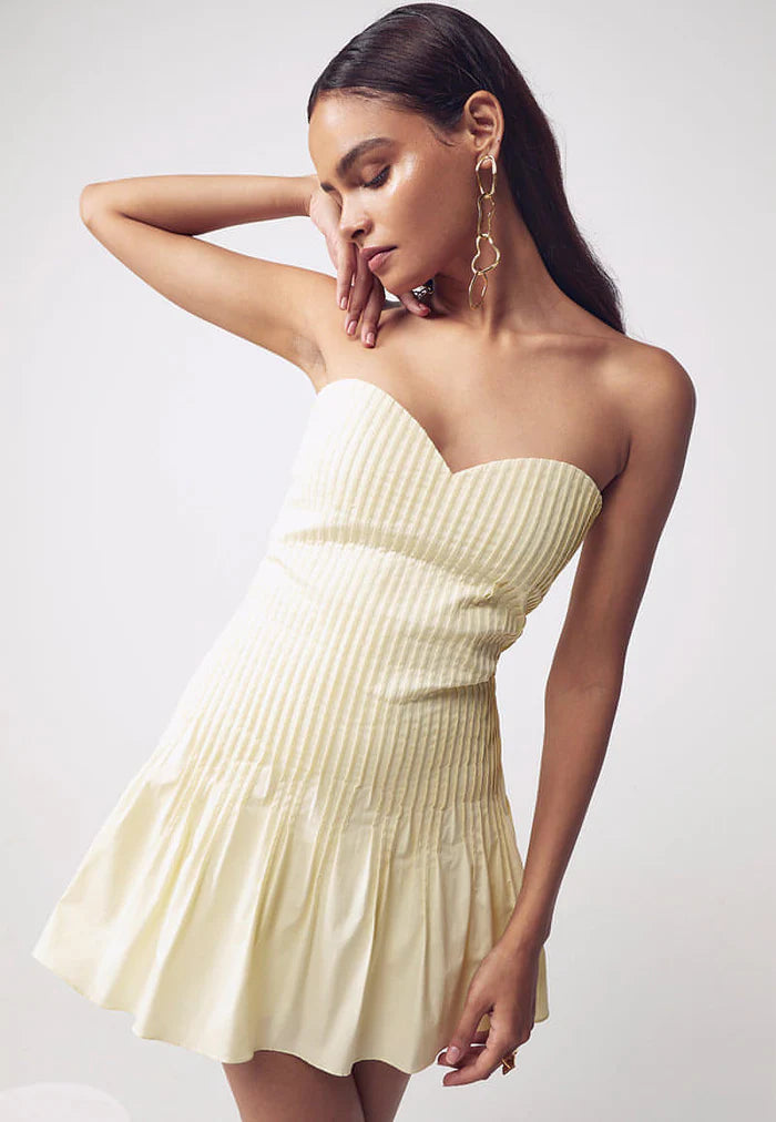 Yellow Sweetheart Tucked Mini Dress