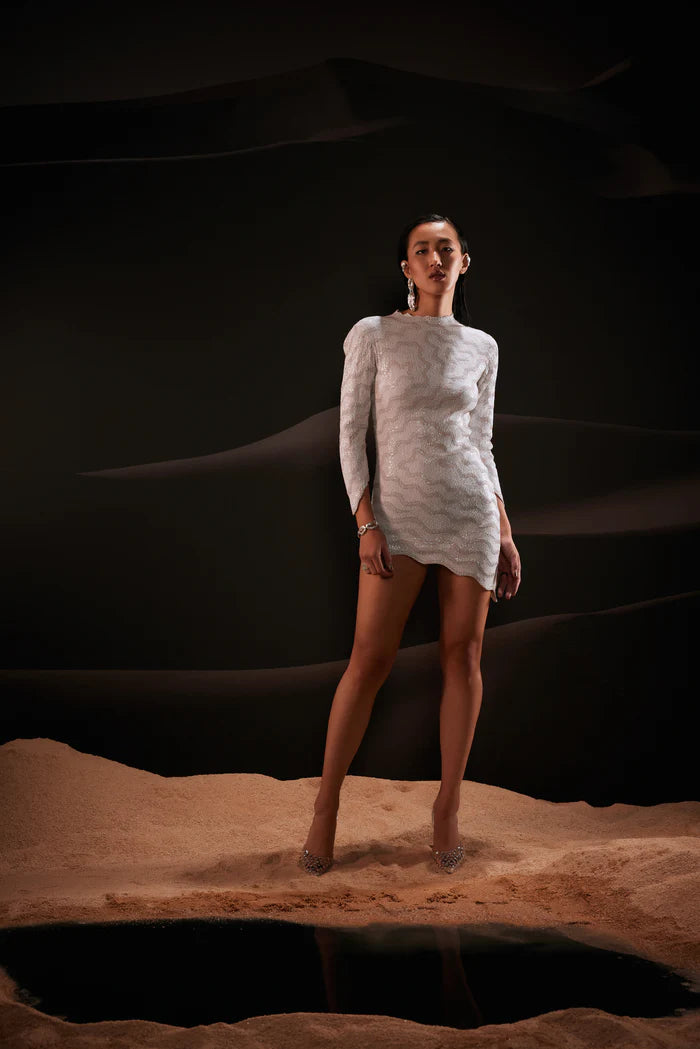 White Thread Embroidered Sequin Mini Dress