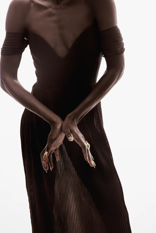 Brown Sweetheart Bandeau Pleated Maxi