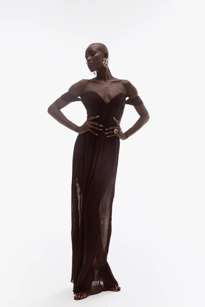 Brown Sweetheart Bandeau Pleated Maxi