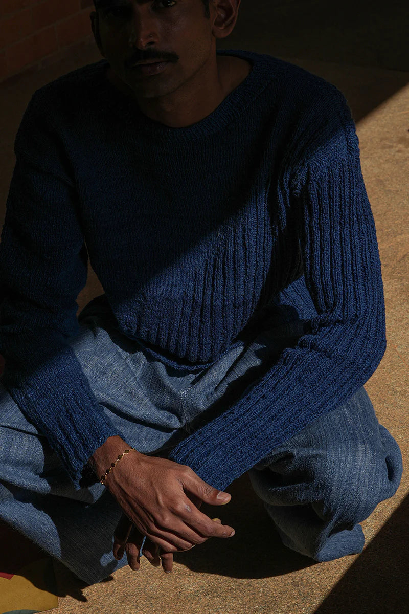 Indigo Ribbed Boat Neck Sweater