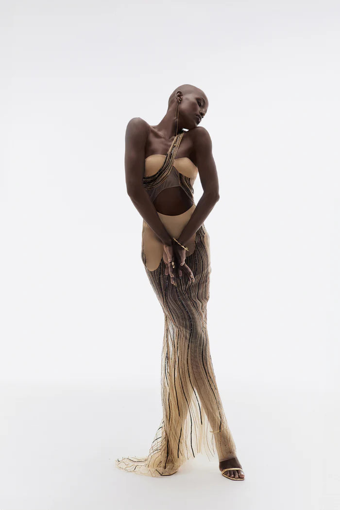 Cut Out Embellished Maxi Dress in Light Gold