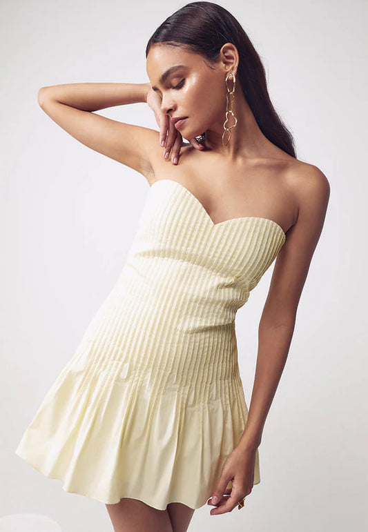 Yellow Sweetheart Tucked Mini Dress