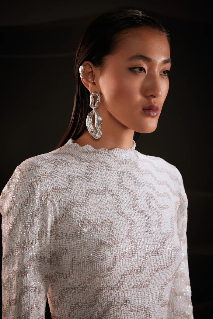 White Thread Embroidered Sequin Mini Dress