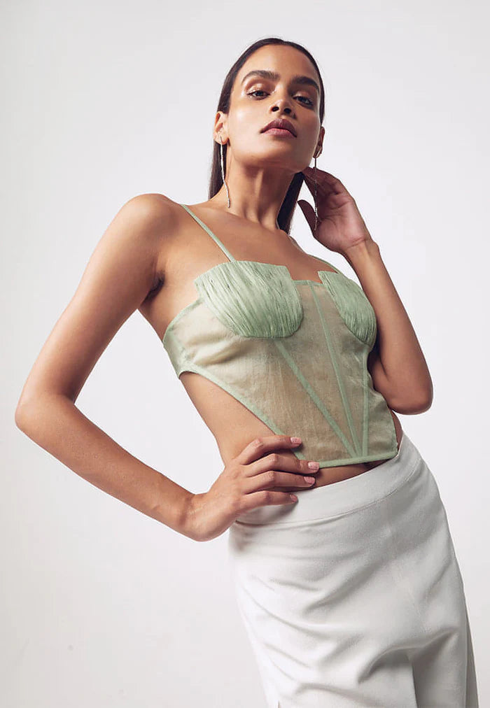 Pastel Green Ruched Cut-Out Corset