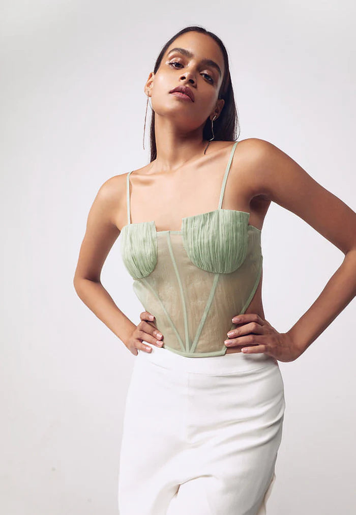 Pastel Green Ruched Cut-Out Corset